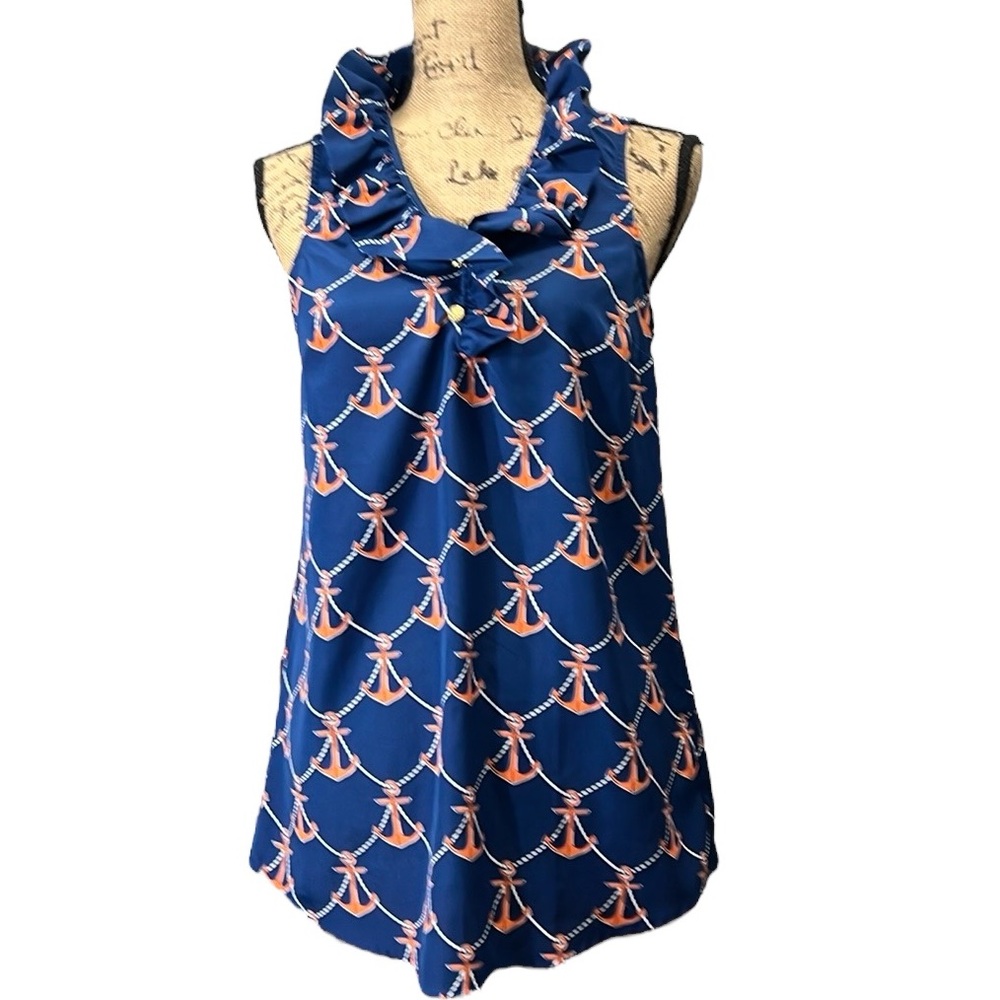 Mudpie EC navy blue pullover blouse with orange anchors. Size small